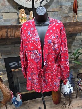 NWT Cato Red Floral Paisley Tie-Waist Over Shirt